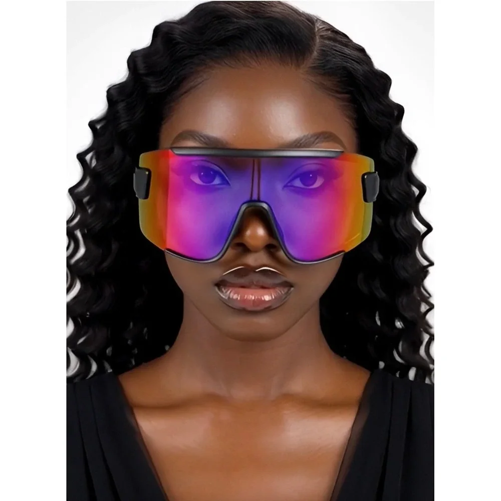 Oversized Shield Sunglasses Black Frame Iridescent Mirrored Lens‎ Women Lentes